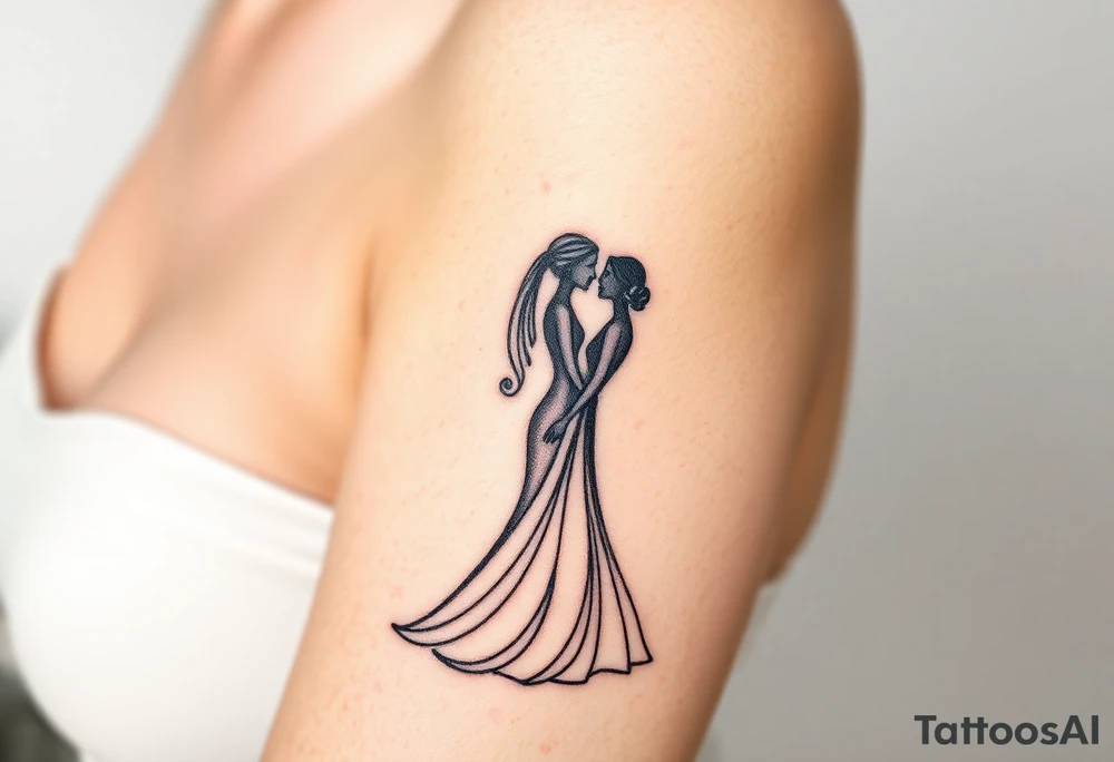 A black and white silhouette of a bride and groom in a romantic embrace, with soft golden highlights for warmth and elegance tattoo idea