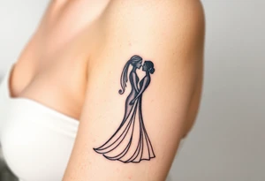 A black and white silhouette of a bride and groom in a romantic embrace, with soft golden highlights for warmth and elegance tattoo idea