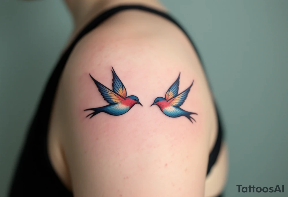 Stylized swallows in dusty rose and deep blue flying toward each other on each partner back shoulders signify freedom and loyalty. tattoo idea