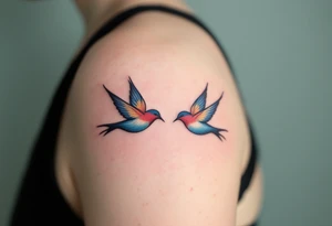 Stylized swallows in dusty rose and deep blue flying toward each other on each partner back shoulders signify freedom and loyalty. tattoo idea