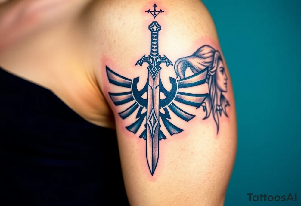 1. Theme: The Legend of Zelda: specifically Link and Zelda
2. Placement: Left Upper Arm
3. Style: Breath of the Wild (in color)
4. Elements to include: Master Sword in center, Link‘s face on one side, looking away from the sword, Zelda on the other side of the sword, looking in the other direction
5. size: full upper arm covered tattoo idea