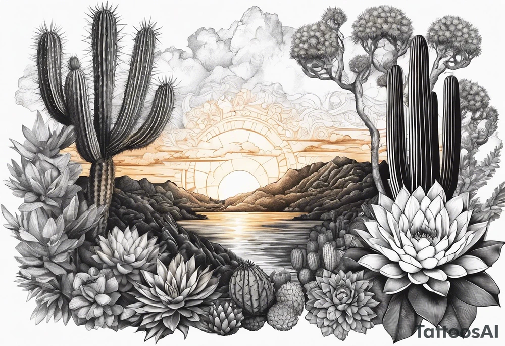 Fenix , cactos e árvore da vida por do sol braço parte de cima tattoo idea