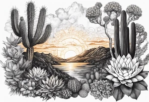 Fenix ,  cactos e árvore da vida por do sol braço parte de cima tattoo idea