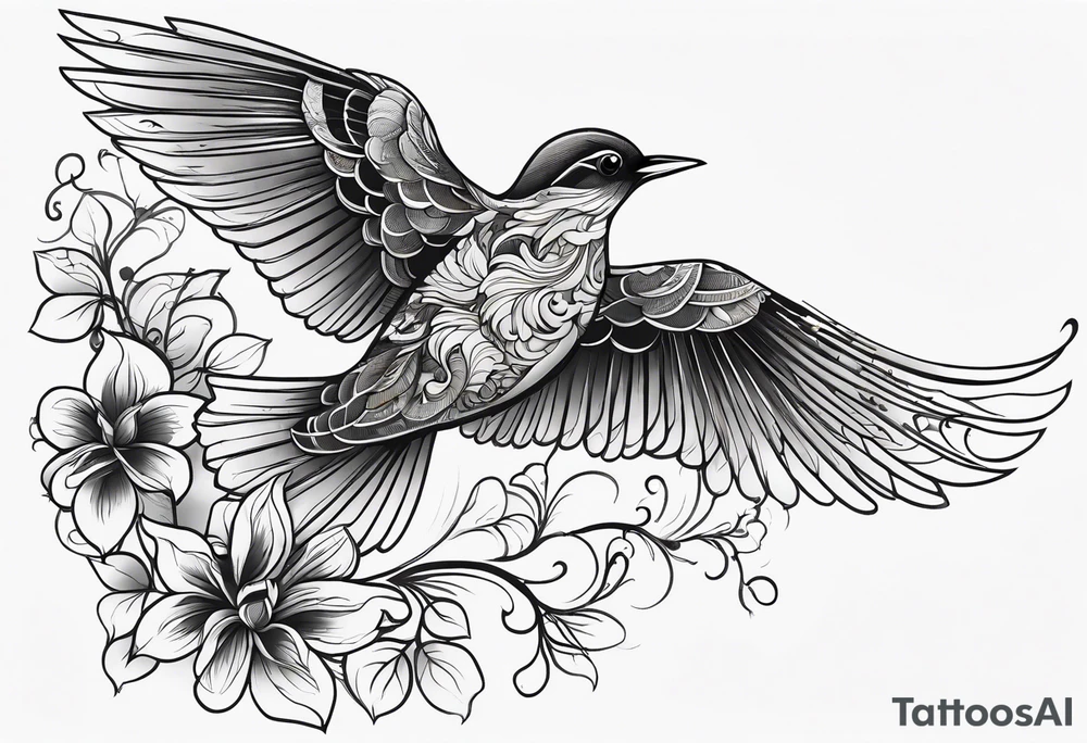 Flying bird on shoulder blade, medium size, with flowing leaves and vines tattoo idea