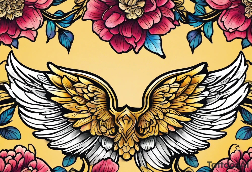 beautiful golden yellow angel wings with colorful peonies. beautiful flilligree in the background , full color tattoo idea