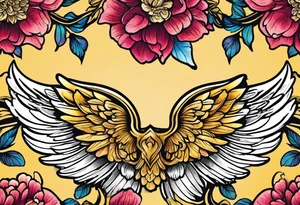 beautiful golden yellow angel wings with colorful peonies. beautiful flilligree in the background , full color tattoo idea