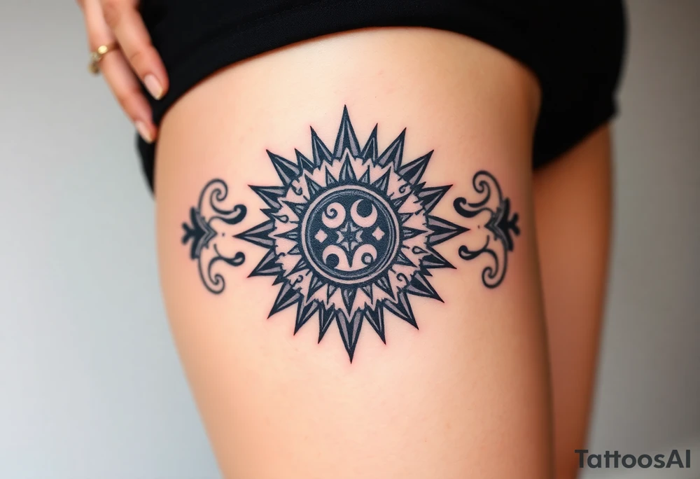 celestial sun and moon embrace with constellation patterns tattoo idea