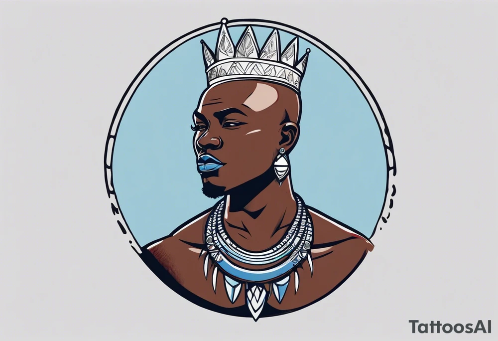 Black-skinned bald african warrior. He wears a simple and small silver crown. He uses two simple necklaces: one blue, other red. He has cowry shells in his crown tattoo idea