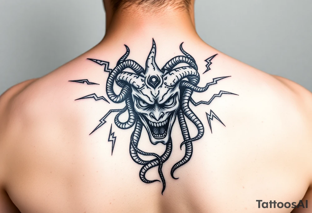 Medusa Head surrounded by lightnings in sketch style, black color and on the outer forearm tattoo idea