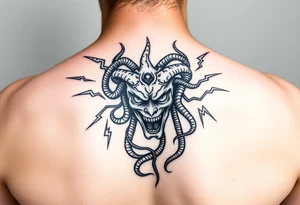 Medusa Head surrounded by lightnings in sketch style, black color and on the outer forearm tattoo idea