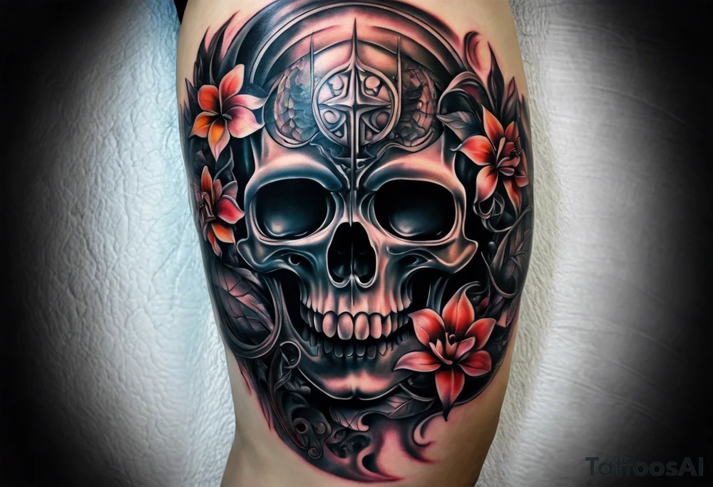H.R. Giger Knee tattoo with realistic evil skull, various flowers, water and fall colors tattoo idea