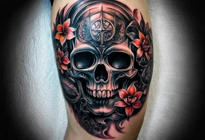 H.R. Giger Knee tattoo with realistic evil skull, various flowers, water and fall colors tattoo idea