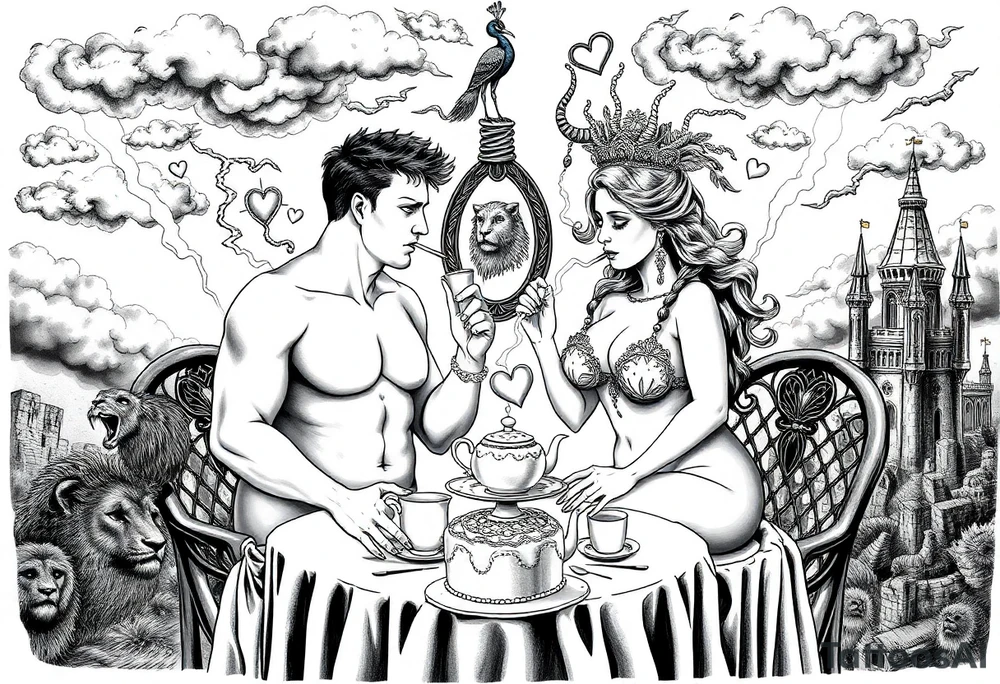 Naked Man and woman having sex Storm lightening clouds gothic sexy naked fat lady having a tea party with tea pot and medieval castle
with a pigglets, peacock, noose, lion, goat, smoking cigerettes looking in the mirror eating a cake thru storm clouds with razor blades and broken hearts and darkness and wrath, envy , gluttony, greed, sloth, pride kill tattoo idea