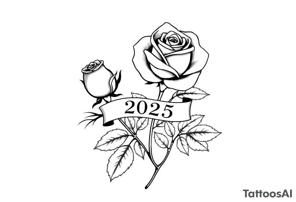 two beautiful large rose buds, one larger than the other, with many leaves next to the rose buds, with one sitting higher than the other. Include a banner connecting the two roses with the year "2025" on it.   Use dark outlines with little shading. The two stems should be short, not long, and connect and join into one stem, whimsically curved or twisted - not straight down. tattoo idea