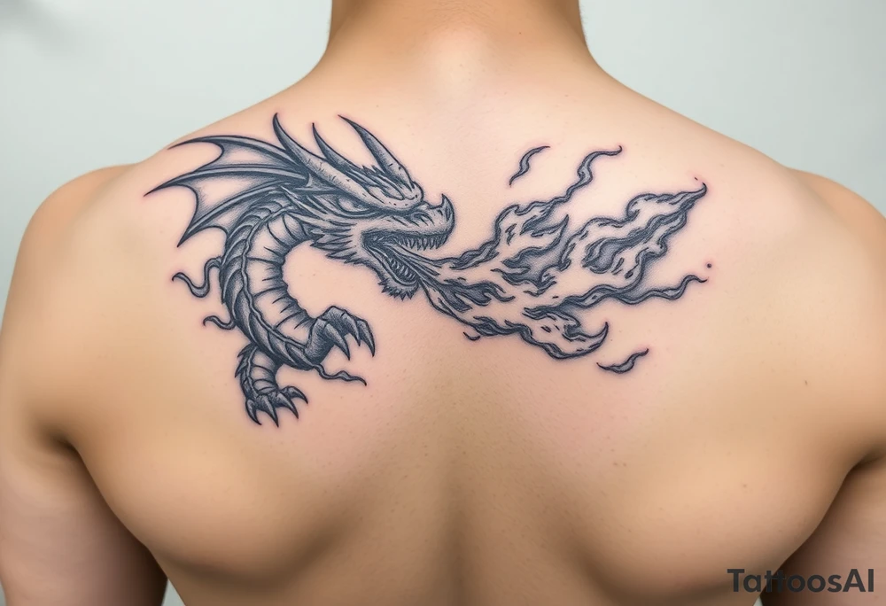 fierce dragon breathing iridescent fire against stormy skies tattoo idea