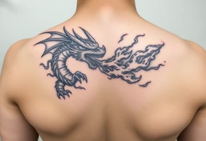 fierce dragon breathing iridescent fire against stormy skies tattoo idea