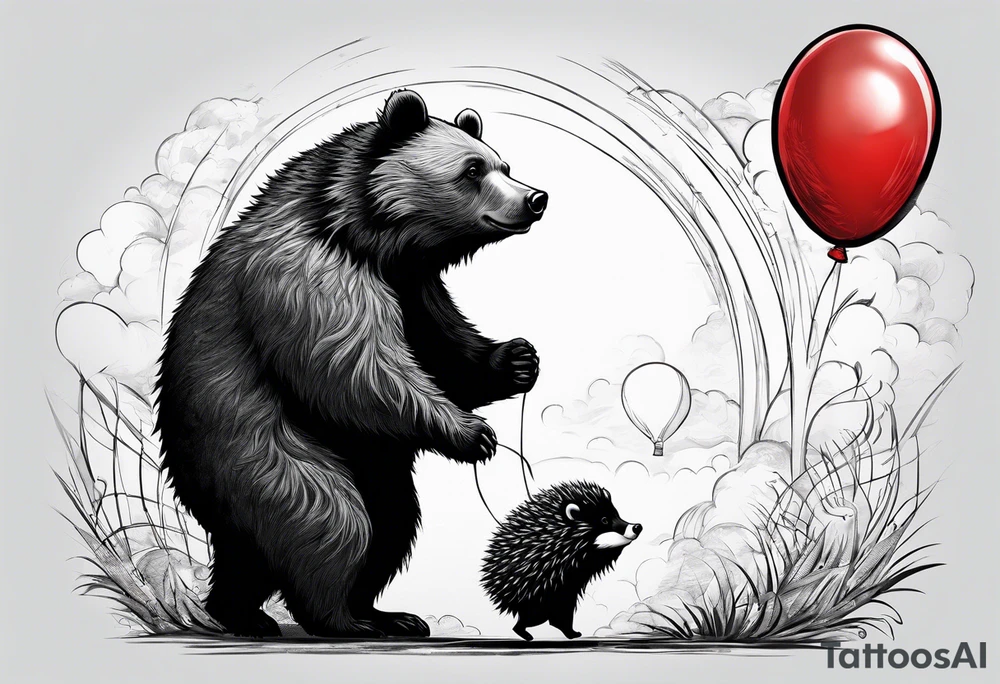 black bear and hedgehog, bear stands over comic hedgehog smiling, hedgehog has red balloon in hand, hedgehog stands on two feet. tattoo idea