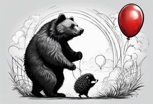 black bear and hedgehog, bear stands over comic hedgehog smiling, hedgehog has red balloon in hand, hedgehog stands on two feet. tattoo idea