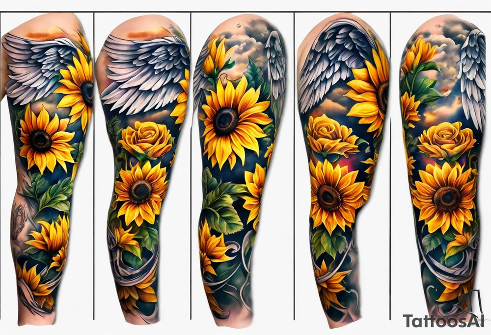 Sunflowers and angel wings leg sleeve tattoo idea