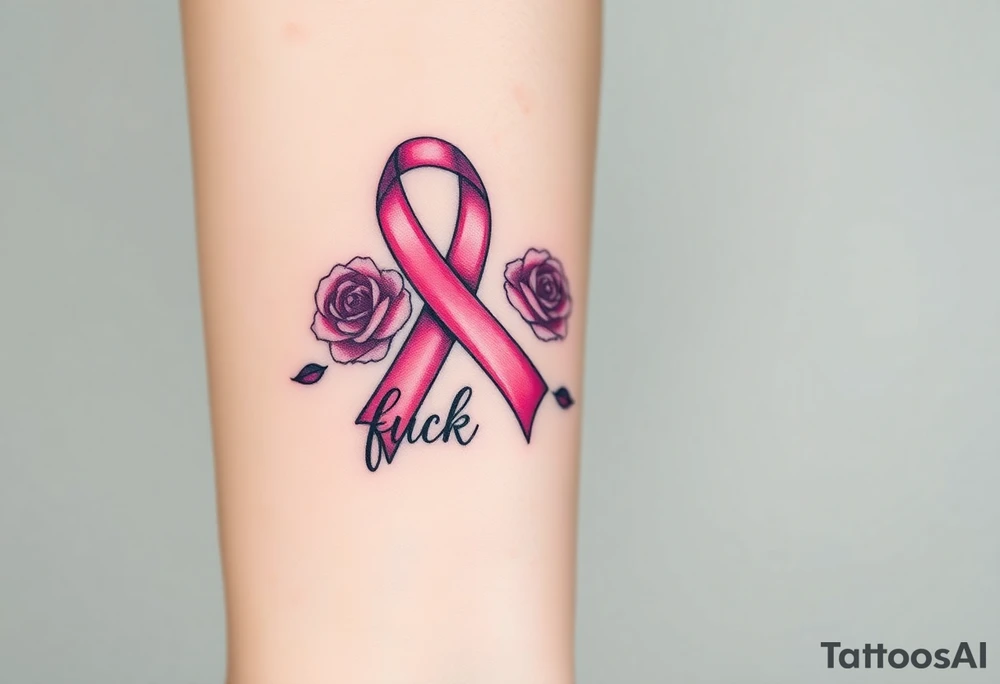 Pretty pink Cancer ribbon that says "fuck cancer"with 3 purple roses tattoo idea