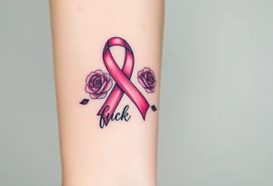 Pretty pink Cancer ribbon that says "fuck cancer"with 3 purple roses tattoo idea