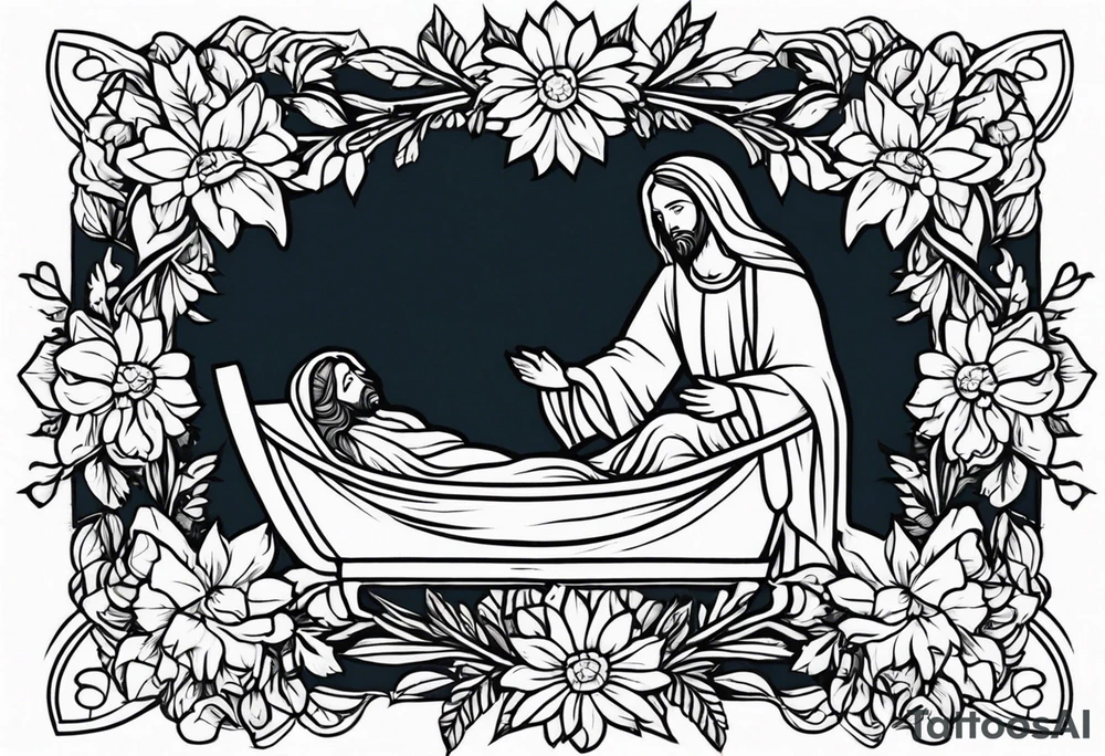 jesus in manger

old school vintage simple traditional design with vintage flowers surrounding it bold color simple tattoo idea