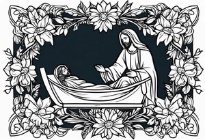 jesus in manger

old school vintage simple traditional design with vintage flowers surrounding it bold color simple tattoo idea