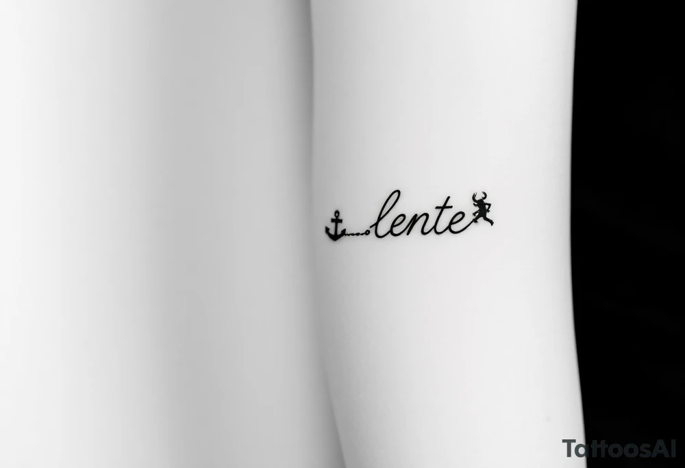 A small, minimal conceptual tattoo for the inner arm.
The phrase “Festina Lente” is not written traditionally; instead, the entire text is formed subtly from a single thin rope.
At the lower end of the rope, a small anchor is attached and appears embedded into the skin, symbolizing patience and stability.
At the opposite end, the rope is being pulled by a very small, minimal, symbolic devil silhouette representing haste.
The rope naturally twists and curves to form the letters of “Festina Lente”, so that at first glance it looks like an abstract rope composition, but upon closer inspection the text becomes readable.
Highly refined, modern calligraphic flow created by the rope itself, elegant and understated.
Black ink only, ultra-fine line work, minimal shading, strong use of negative space, contemporary 2026 tattoo style.
No traditional tattoo elements, no bold outlines, no old-school style, no decorative ornaments.
Clean, intelligent, subtle storytelling tattoo suitable for a small inner-arm placement. tattoo idea