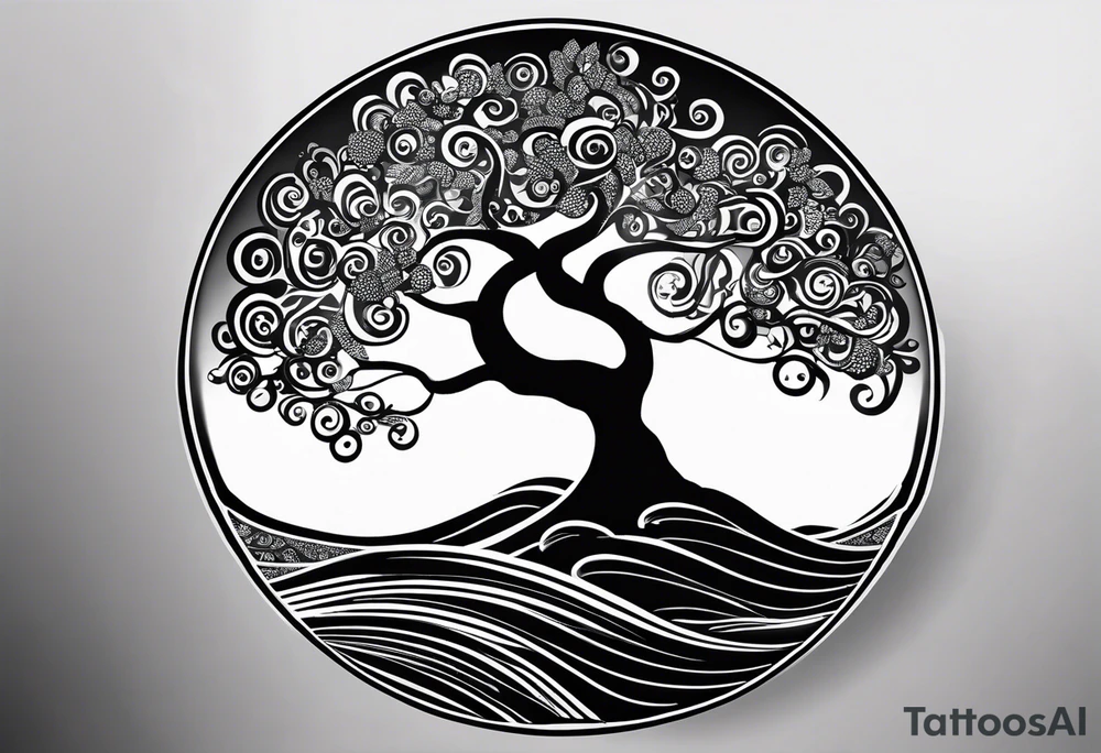an abstract Tree of life tattoo design. Black and white. It should have roots growing out of the bottom. The roots slowly transform into water waves from the great wave by Hokusai. A golf ball should be placed discreetly. Like in the place of a moon. 2 license plate tags should be hanging from the tree. Place a few music notes. The letters A U should be engraved into the tree trunk in a heart tattoo idea