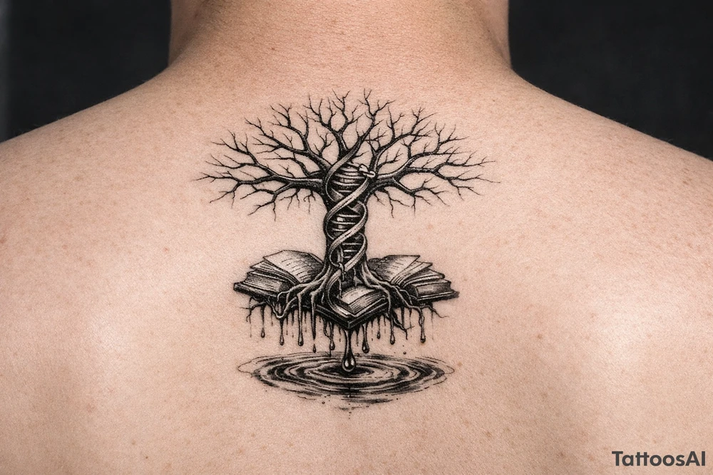 tree of life with a dna spiral for the trunk, bare branches spreading out at different lengths to represent speciation/evolution, and roots sprouting through open books to represent knowledge, with water dripping from the roots into a puddle tattoo idea