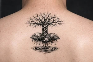 tree of life with a dna spiral for the trunk, bare branches spreading out at different lengths to represent speciation/evolution, and roots sprouting through open books to represent knowledge, with water dripping from the roots into a puddle tattoo idea