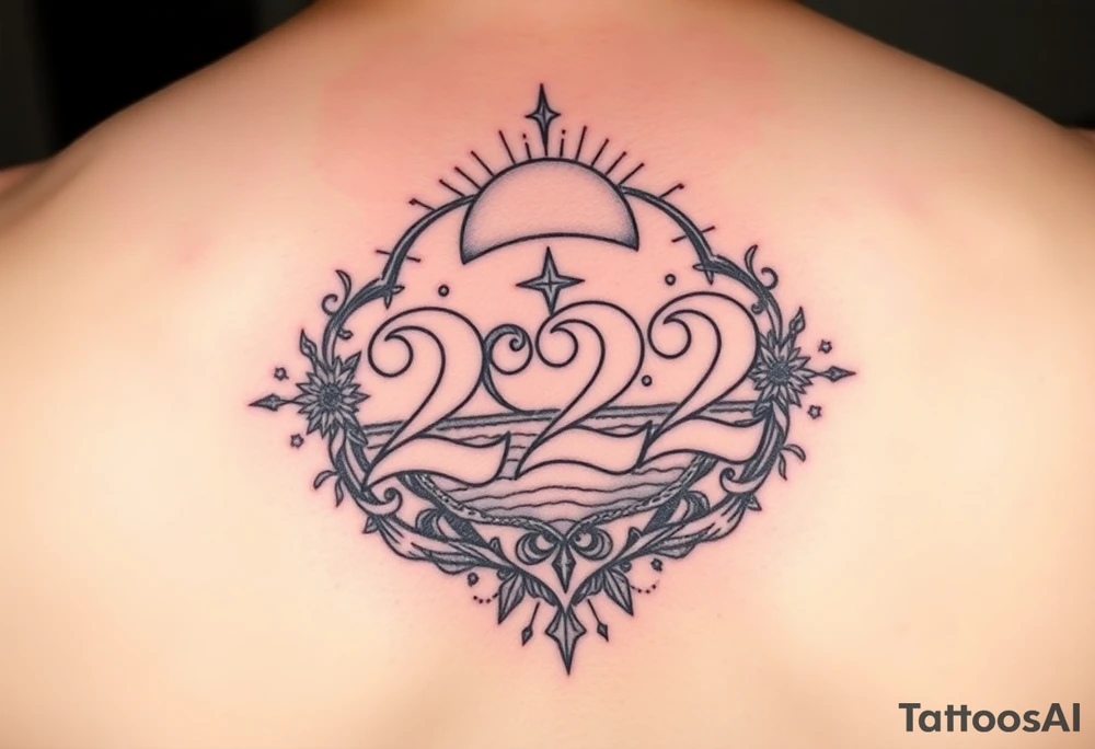 Bold 222 surrounded with sunset and love and stardust and vibration tattoo idea