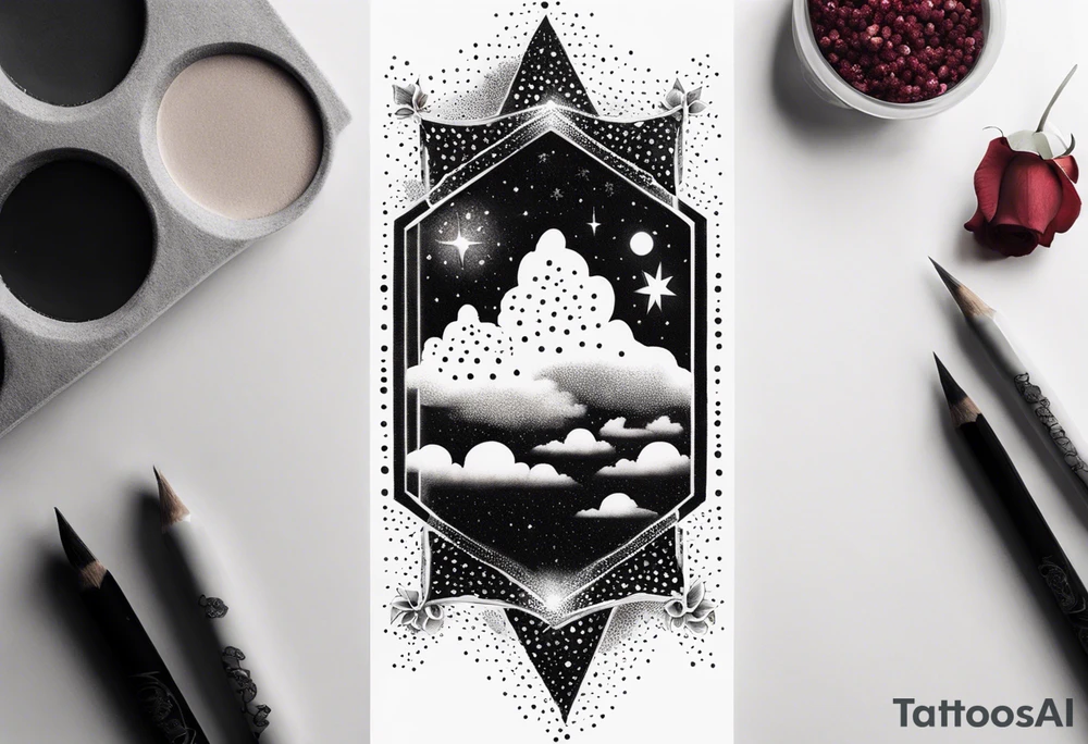 Vertical Clouds with tesseract inside and small roses and stars around it tattoo idea