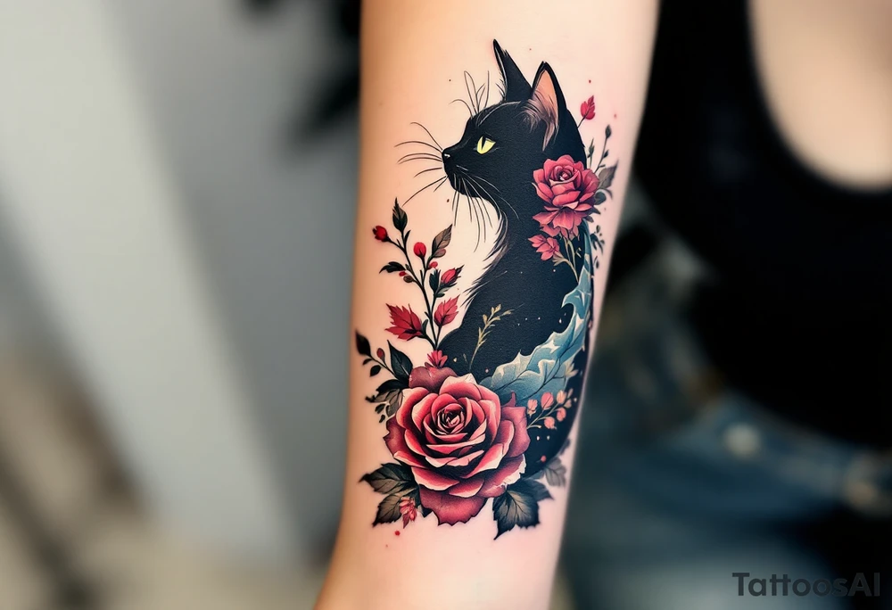 Tattoo-Style Cat Silhouette – Traditional tattoo-style black cat with a red rose behind its ear and vintage elements in muted tones. tattoo idea