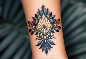 Art Deco Stafford – A stylized design with elegant symmetry and gold and deep navy tones, inspired by Art Deco architecture. tattoo idea