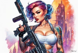 cyborg pinup girl holding massive weapon, retro futurism, no tattoos tattoo idea