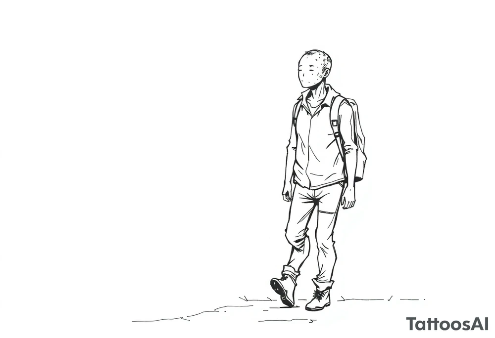 Everything everywhere all at once :Confusion and pressure in thin lines solo traveler with no face with his body parts left on the path behind him he’s walking carefully with much regret tattoo idea