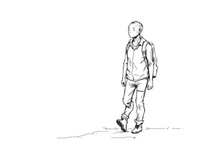 Everything everywhere all at once :Confusion and pressure in thin lines solo traveler with no face with his body parts left on the path behind him he’s walking carefully with much regret tattoo idea