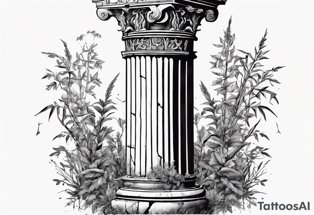 Ancient roman pillar in the Ionian style. It has cracks on it, and on the lower half some overgrown plants. The top part of the pillar has fallen off, to the right side of the pillar, and has the word "OMNIA" inscribed. tattoo idea
