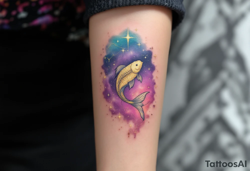 A Pisces glyph in gold sparkles above a constellation shaded in dreamy purples and celestial blue. tattoo idea