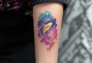 A Pisces glyph in gold sparkles above a constellation shaded in dreamy purples and celestial blue. tattoo idea