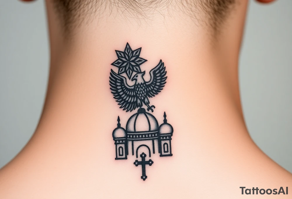 Miniature Echo
A smaller, refined version of your back composition stacked vertically:

Top: Small 8-pointed Russian star 
Middle: Tiny double-headed eagle (simplified, more linework style)
Bottom: Orthodox church dome with a cross tattoo idea