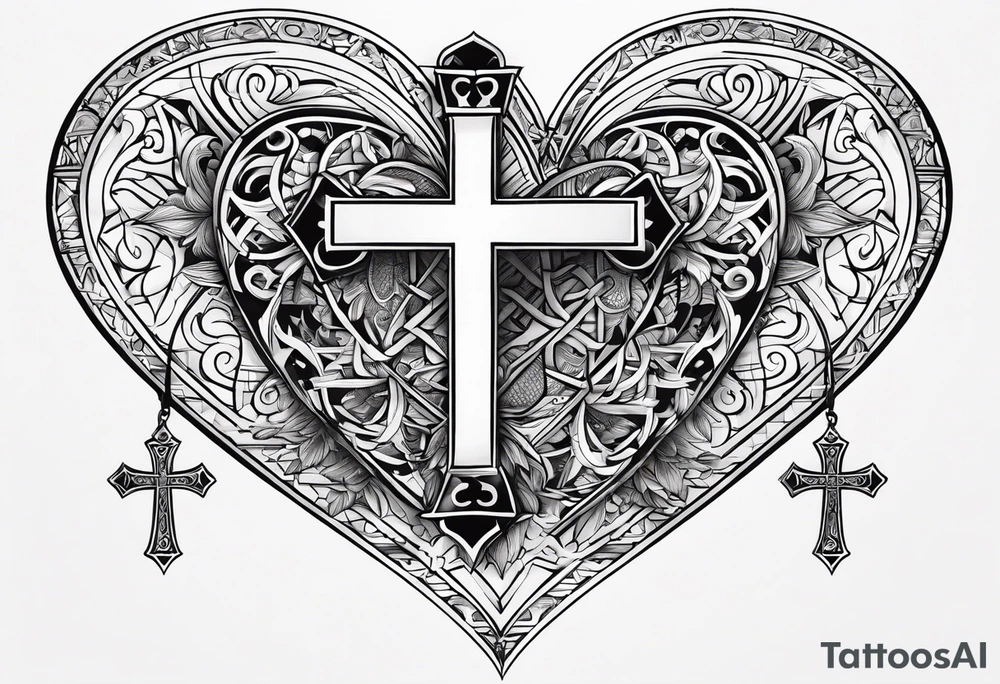 Heart and cross with names. The names are bini and essu and meri tattoo idea