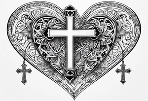 Heart and cross with names. The names are bini and essu and meri tattoo idea