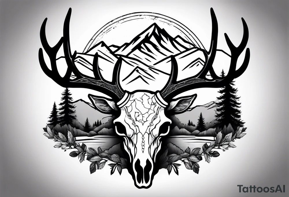 elk skull with mountains and trees tattoo idea