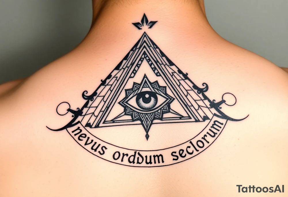 Pyramid with eye in the center, surrounded by words - novus ordum seclorum tattoo idea
