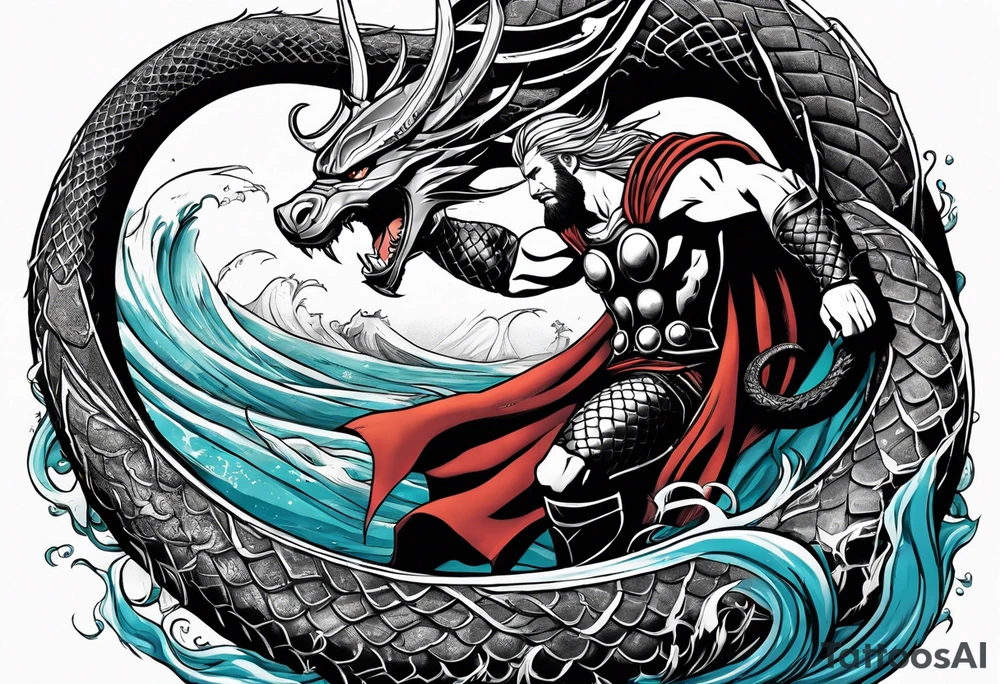 Thor getting eaten by the world serpent in the ocean tattoo idea