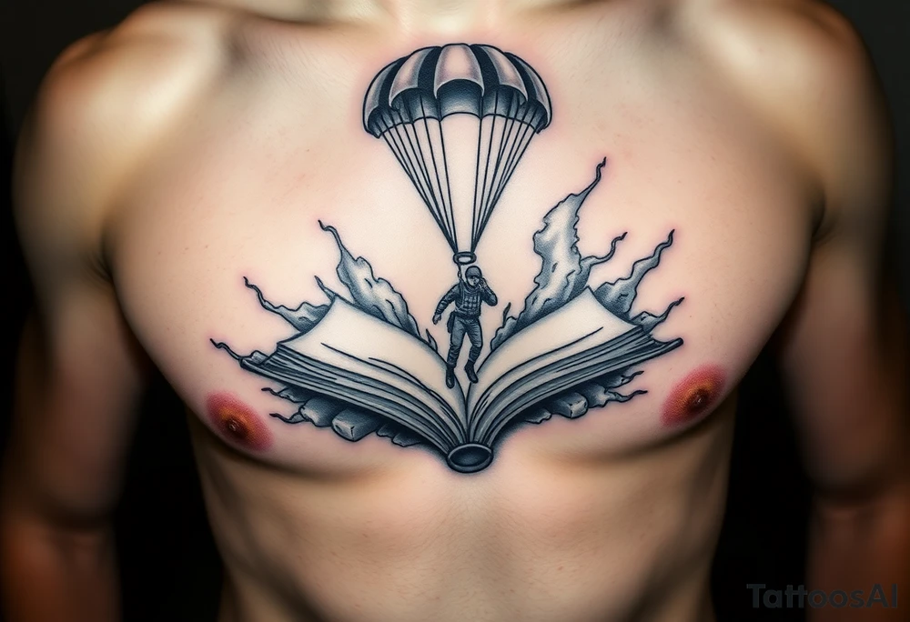 A parachuting soldier landing into an open book. Chaos surrounding, but the book is protecting the soldier from it. On the chest. Make the tattoo smaller. Make it thought provoking. Make the chaos in the environment be an eerie mist. Make the pages in the book be blank. Just one soldier, no other characters. the book is old. tattoo idea