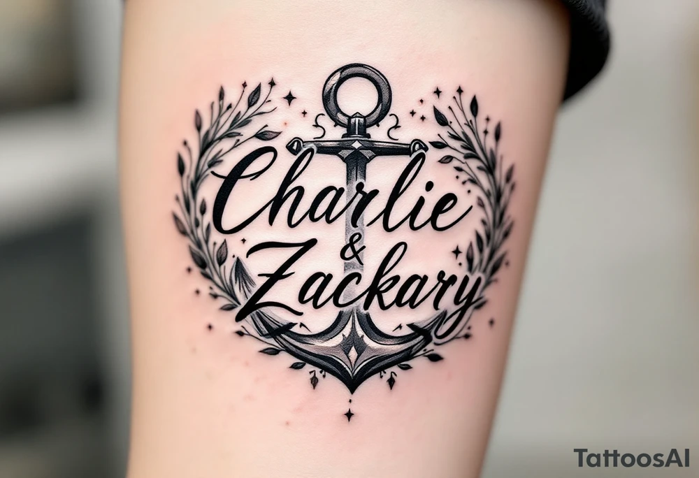 Design a small tattoo that artfully integrates the names "Charlie" and "Zackary" in elegant, intertwined cursive lettering. Surround the names with a bold, powerful symbol that conveys strength, unity, and protection—such as a shield, anchor, or lion emblem. The design should balance delicate script with a commanding central motif, creating a harmonious and meaningful piece perfect for a discreet placement like the wrist or inner forearm. tattoo idea