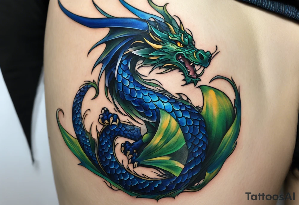 An epic wingless dragon, its body coiling dynamically, with scales and horns detailed to create a sense of movement and strength. The dragon's main color is dark blue but features accents in green, blue, and gold, giving a vibrant depth and a mystical aura. This tattoo highlights the dragon’s fierce expression and sharp claws as it wraps protectively around the leg. Style: Realism tattoo idea